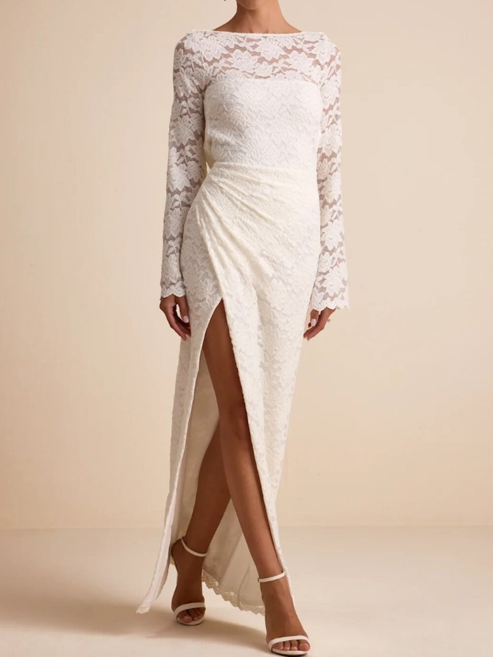 Lulus Odariya Ivory Lace Cowl Back Maxi Dress Bridal Gown Size S